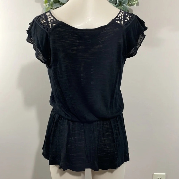 NWT Cable & Gauge Black Ruffled Sleeve Embroidered Neckline Peplum Top PS - Picture 6 of 16